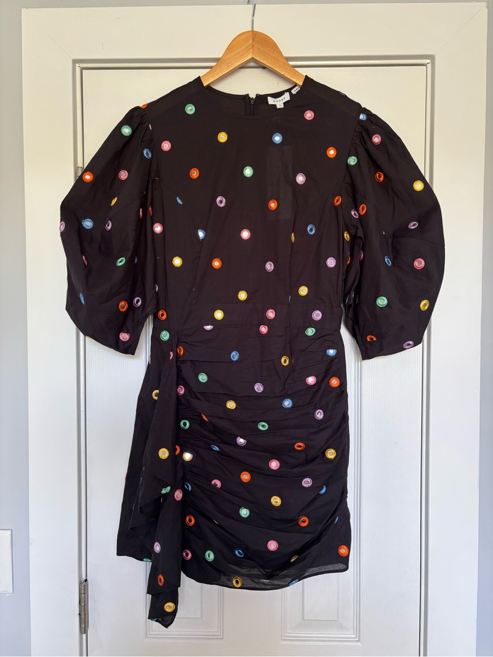 RHODE Pia Ruched Embellished Cotton-voile Mini Dress Black Mirror Size Small - Picture 2 of 8